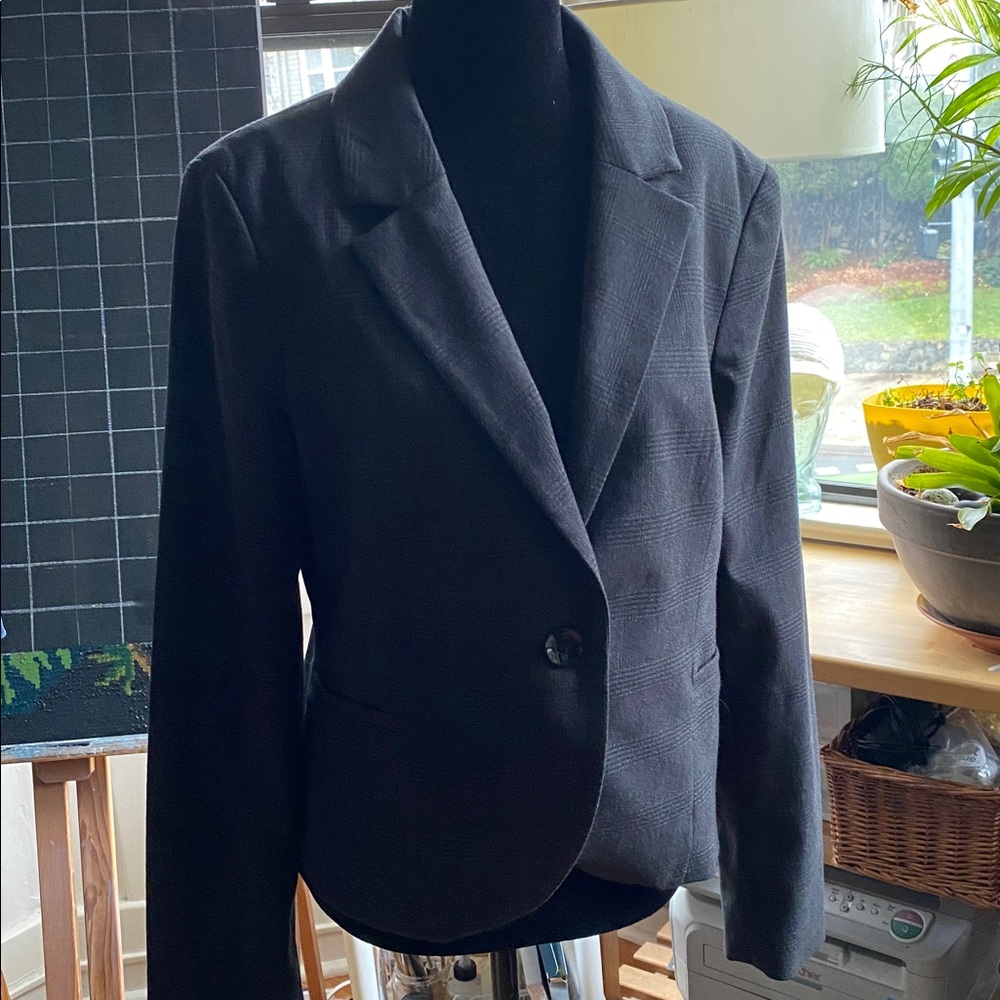 British Khaki Cropped Y2K Glen Plaid Charcoal Blazer